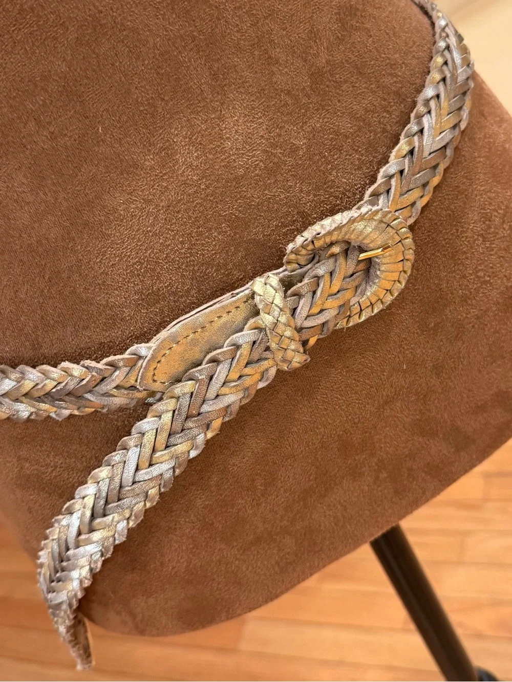 Braided Metallic Gold Silver Rose Gold Leather Waist Belt Size L